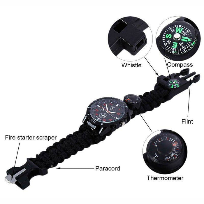 16 in 1 Camping Hiking Gear Survival Watch Compass Flint Fire Thermometer - Battery Mate