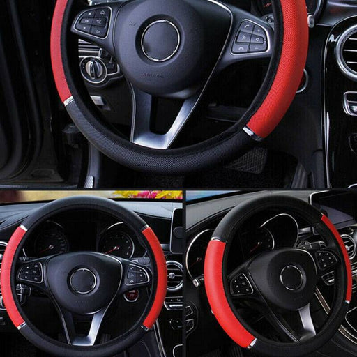 Universal 15" 38cm Leather Black Red Auto Car Steering Wheel Cover Non-.cg - Battery Mate