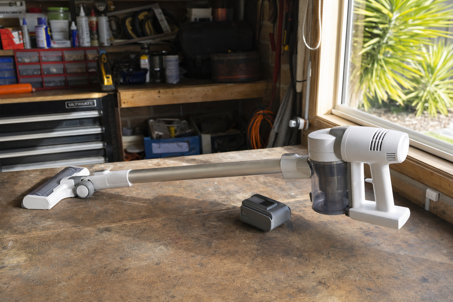 Cordless stick vacuum with detached battery pack lying on a workbench in a home garage