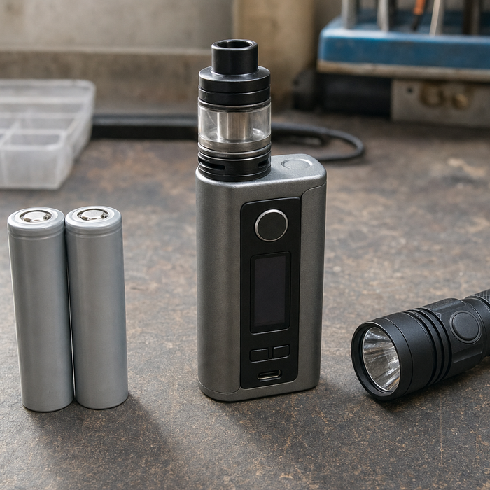 High-drain and standard 18650 batteries side by side next to a vape mod and a torch on a workbench