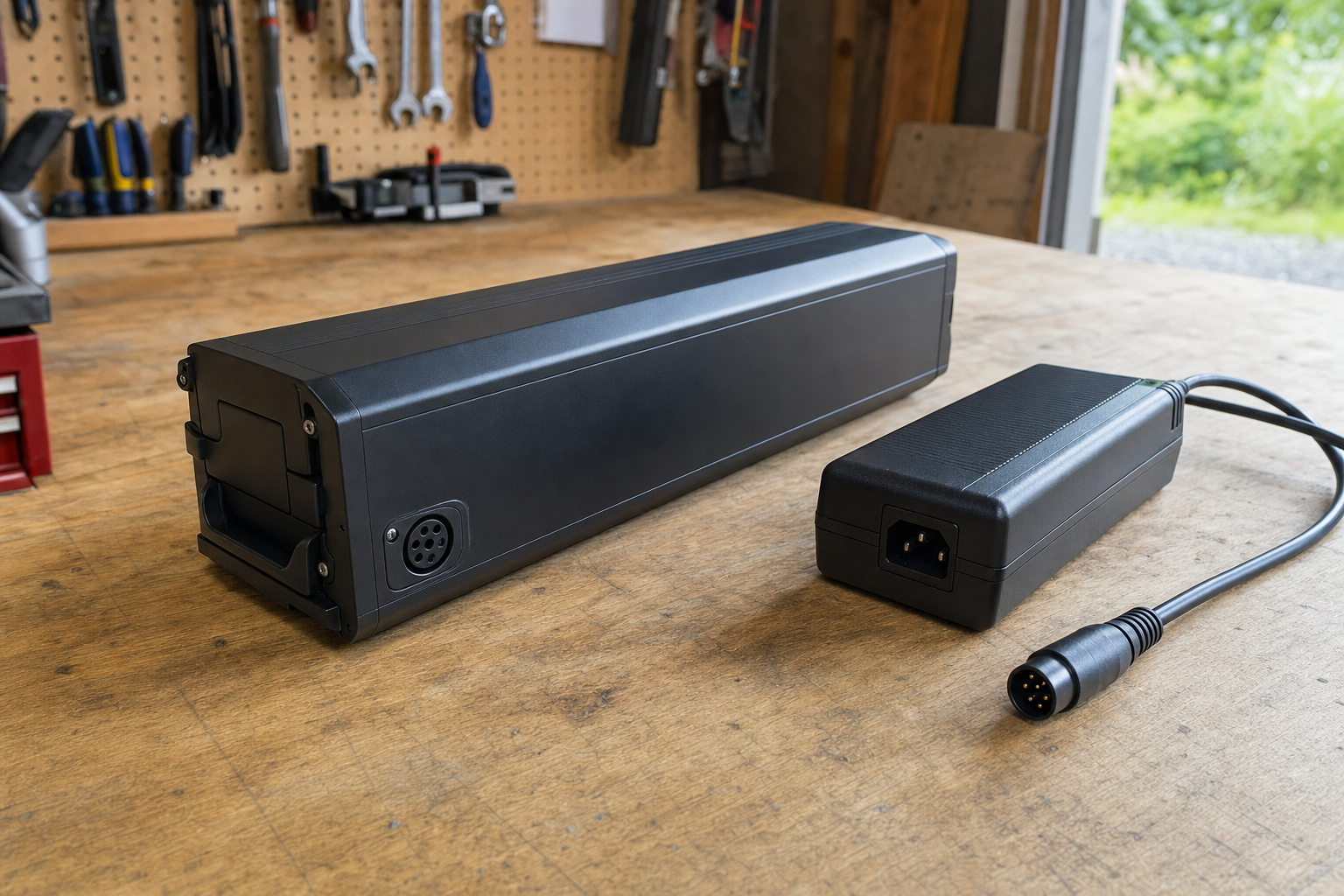 Generic eBike battery pack and charger with a five-pin connector sitting on a garage workbench