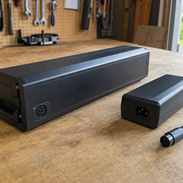 Generic eBike battery pack and charger with a five-pin connector sitting on a garage workbench