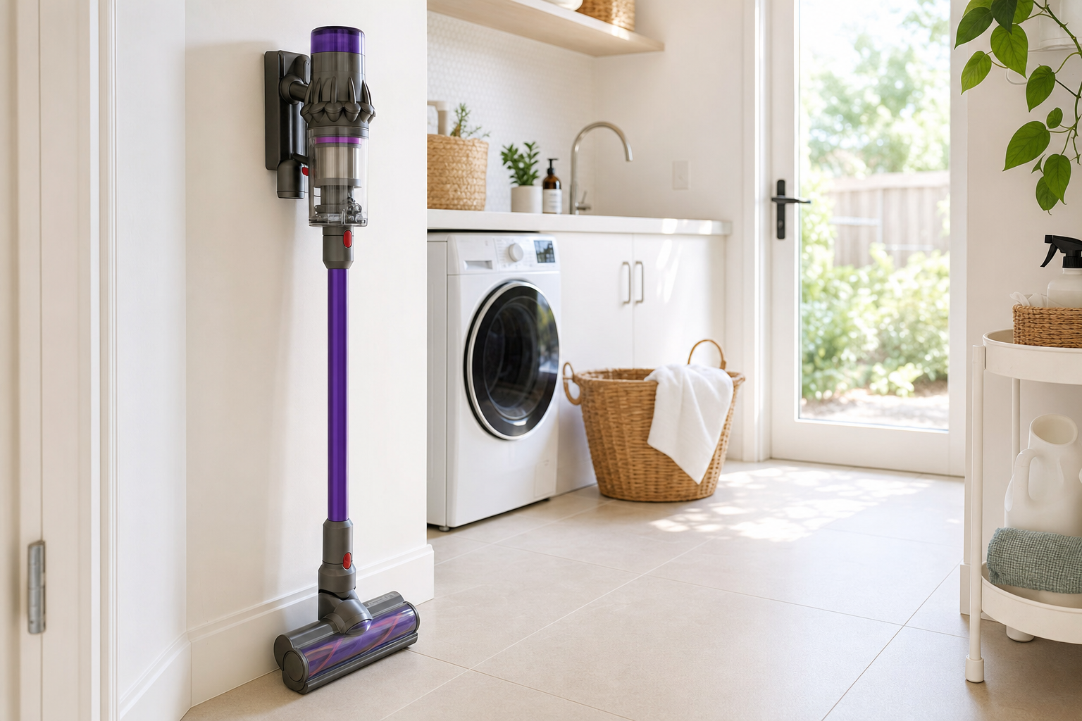 Generic cordless stick vacuum standing upright against a wall in a bright Australian laundry room