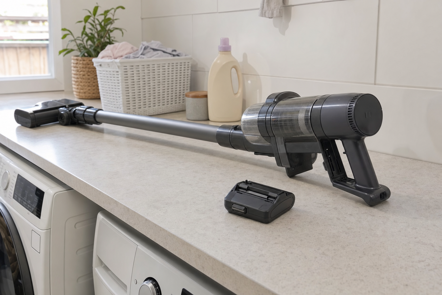 Cordless stick vacuum with battery pack removed on a laundry room bench