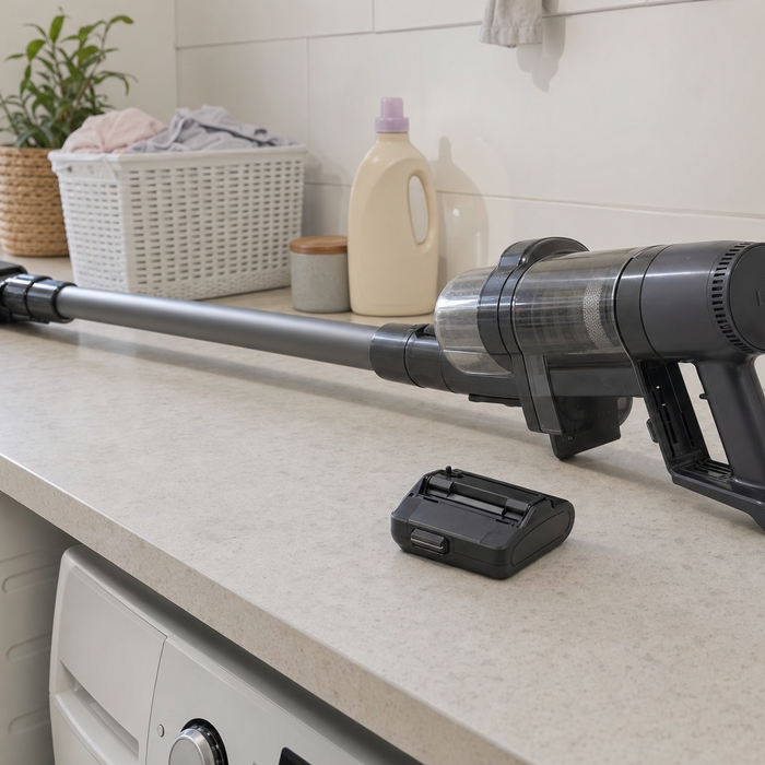 Cordless stick vacuum with battery pack removed on a laundry room bench