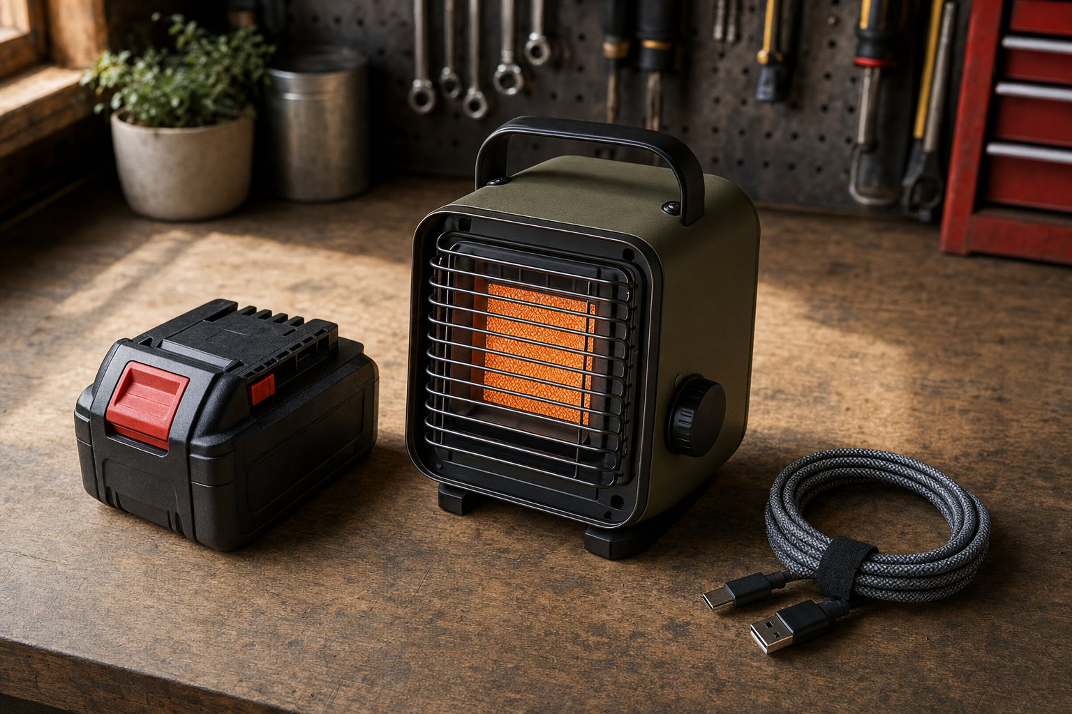 Practical gift items including a power tool battery, camping heater and charging cables arranged on a workbench