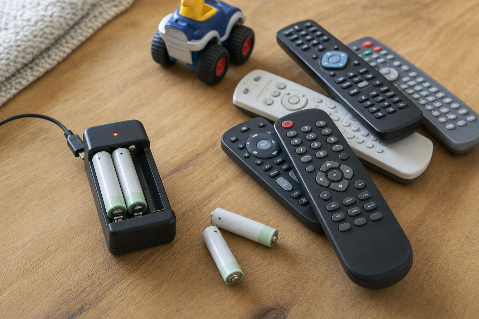 Rechargeable AA batteries and a USB charger next to a small pile of household remote controls and toys