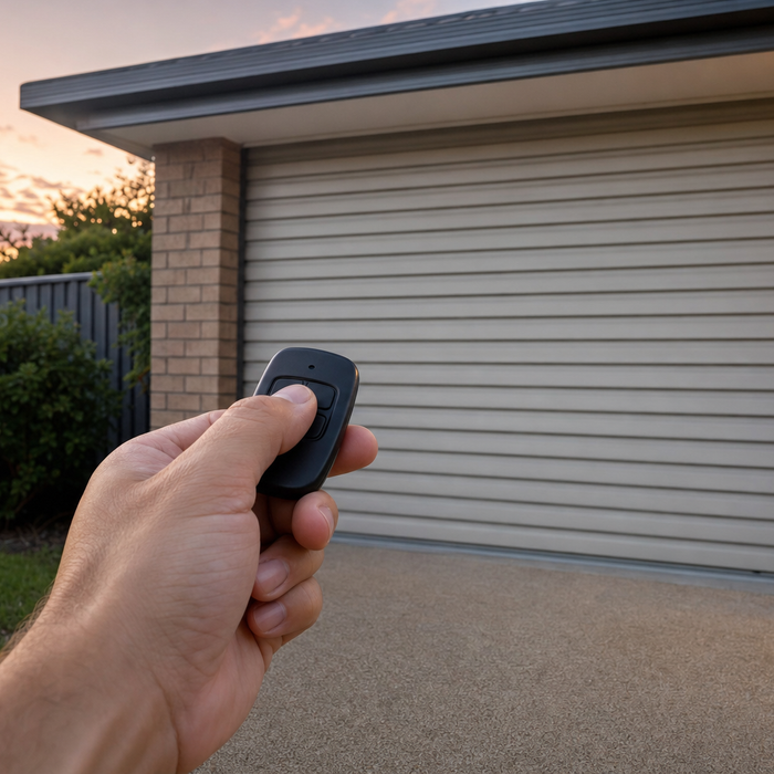 Garage remote control held near a garage door in an Australian driveway at dusk