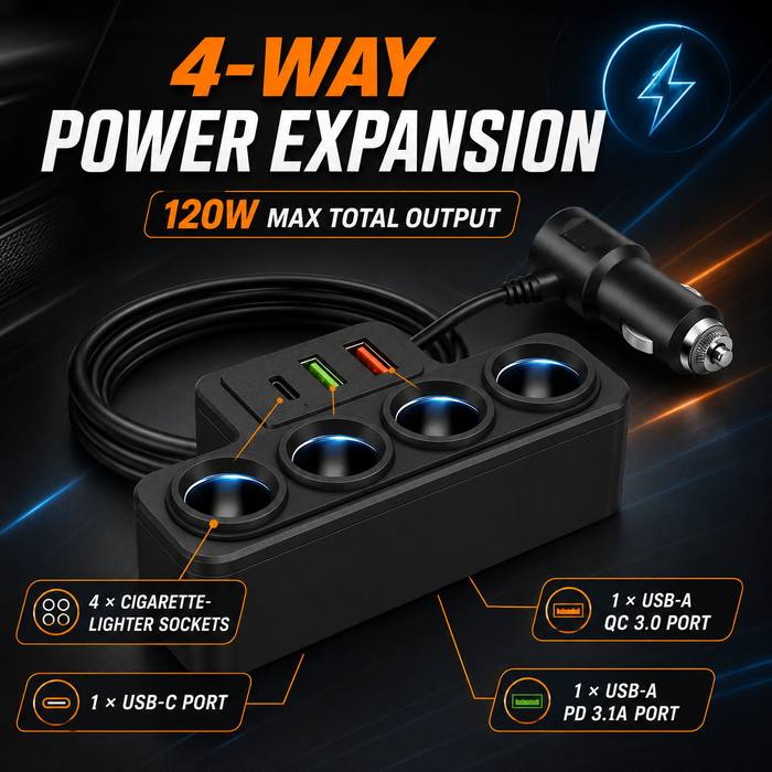 TAVICE 4-Way Car Cigarette Lighter Socket Splitter 12V/24V Power Adapter with USB Charging Ports