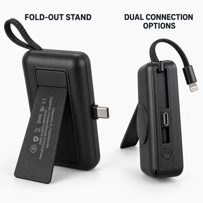 TAVICE 5000mAh Mini Power Bank with Built-in USB-C Connector & Lightning Cable, Portable Fast Charger with Fold-Out Phone Stand, USB-C Input and Cable Lanyard – Black