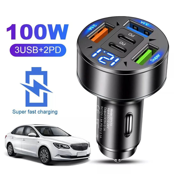 100W Car Charger Adapter | 5 - Port USB & Type - C Fast Charging for Phones, Tablets & Dash Cams – 12V/24V - Battery Mate