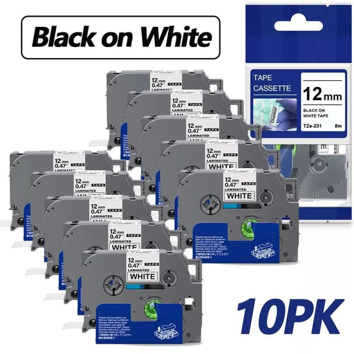 10PK For Brother TZe - 231 TZ - 231 Tape 12mm Black / White P - Touch Label Maker Tape - Battery Mate