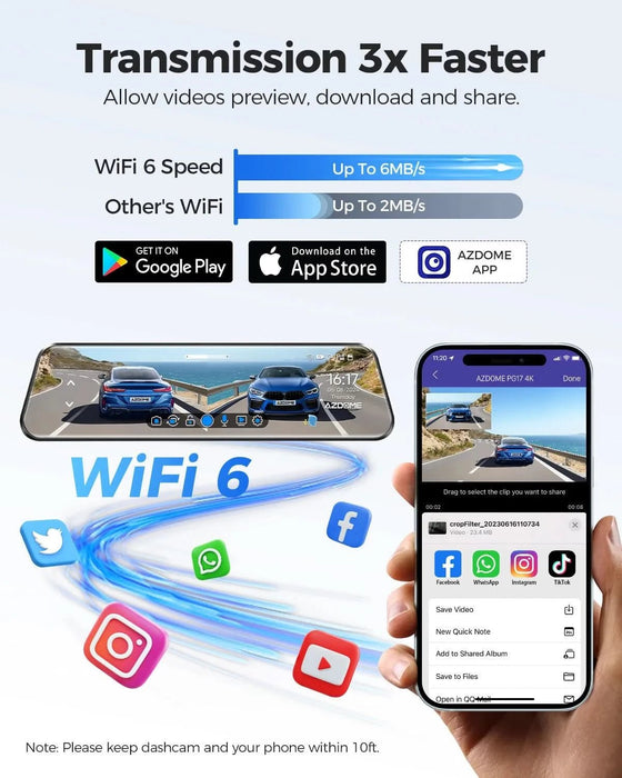 12" 4K + 1080P Rear View Mirror Dash Cam with WiFi 6, GPS & 64GB Card - Battery Mate