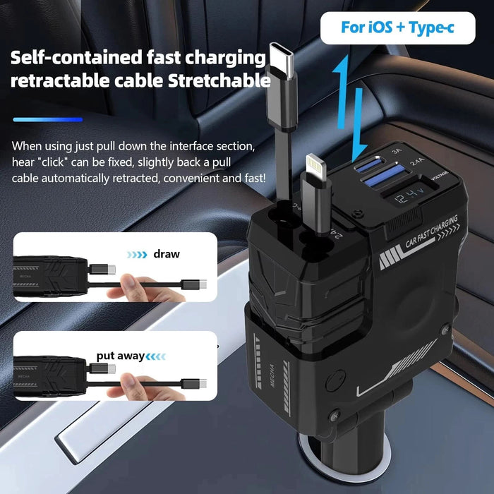 120W 4 - in - 1 Retractable Car Charger – Fast USB - C & iPhone Charging Adapter with Voltage Display - Battery Mate