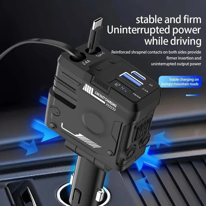 120W 4 - in - 1 Retractable Car Charger – Fast USB - C & iPhone Charging Adapter with Voltage Display - Battery Mate