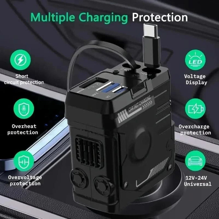 120W 4 - in - 1 Retractable Car Charger – Fast USB - C & iPhone Charging Adapter with Voltage Display - Battery Mate