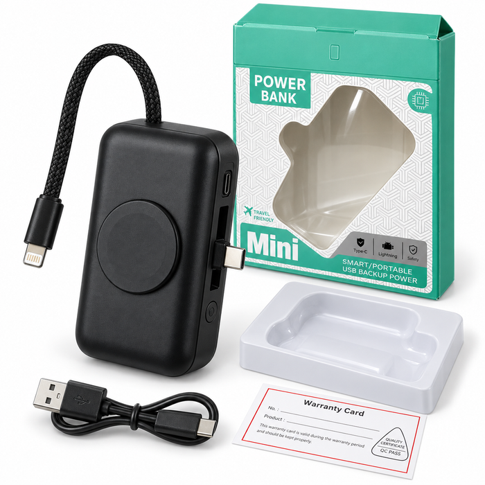 TAVICE 5000mAh Mini Power Bank with Built-in USB-C Connector & Lightning Cable, Portable Fast Charger with Fold-Out Phone Stand, USB-C Input and Cable Lanyard – Black