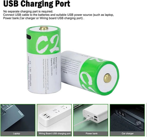 [4 Pack] USB - C Rechargeable C Battery 1.5V 5000mWh – Lithium - Ion Replacement with Fast Charging - Battery Mate