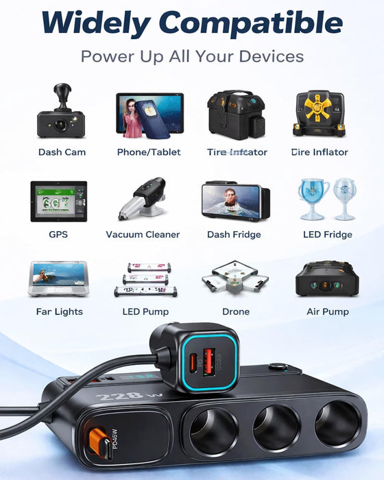 TAVICE 228W Car Cigarette Lighter Splitter with PD45W Retractable USB-C Cable, 3 Sockets Dual QC3.0 USB Car Charger for 12V/24V Vehicles