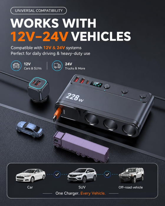 TAVICE 228W Car Cigarette Lighter Splitter with PD45W Retractable USB-C Cable, 3 Sockets Dual QC3.0 USB Car Charger for 12V/24V Vehicles