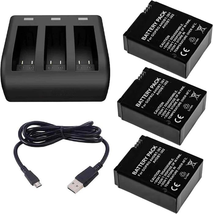 TAVICE Ultra Fast Charging USB Triple Battery Charger Kit with 3 Replacement Batteries for GoPro HERO3 HERO3+ HERO4 Action Pro