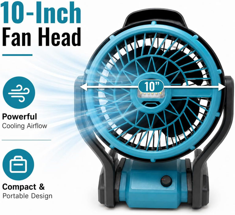TAVICE 10 Inch Cordless Fan Compatible with Makita 18V LXT Batteries, Portable Jobsite Fan with LED Light, Adjustable Speed, Battery