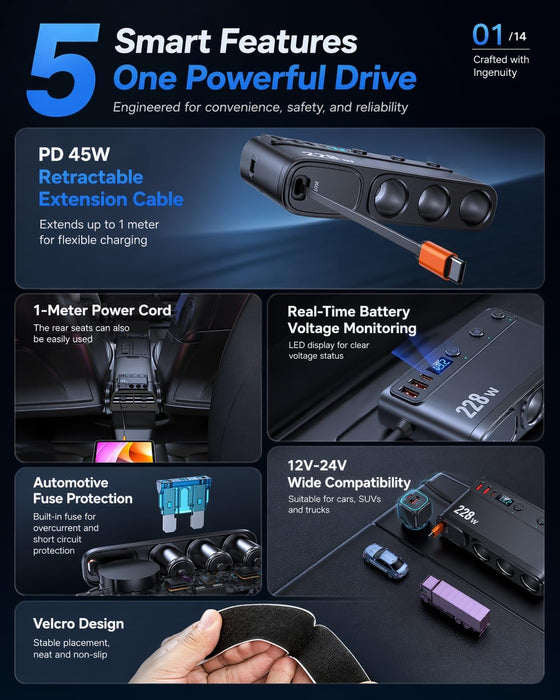 TAVICE 228W Car Cigarette Lighter Splitter with PD45W Retractable USB-C Cable, 3 Sockets Dual QC3.0 USB Car Charger for 12V/24V Vehicles