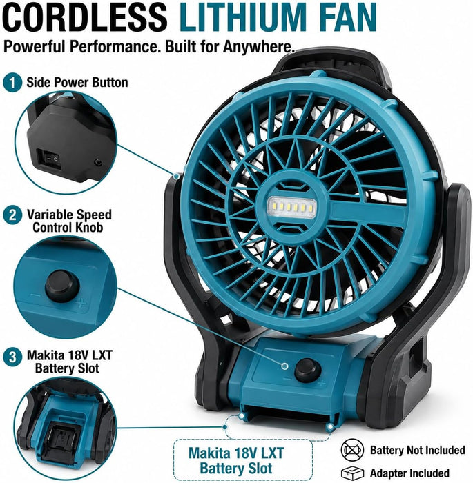 TAVICE 10 Inch Cordless Fan Compatible with Makita 18V LXT Batteries, Portable Jobsite Fan with LED Light, Adjustable Speed, Battery