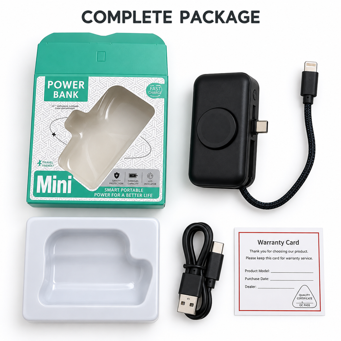 TAVICE 5000mAh Mini Power Bank with Built-in USB-C Connector & Lightning Cable, Portable Fast Charger with Fold-Out Phone Stand, USB-C Input and Cable Lanyard – Black
