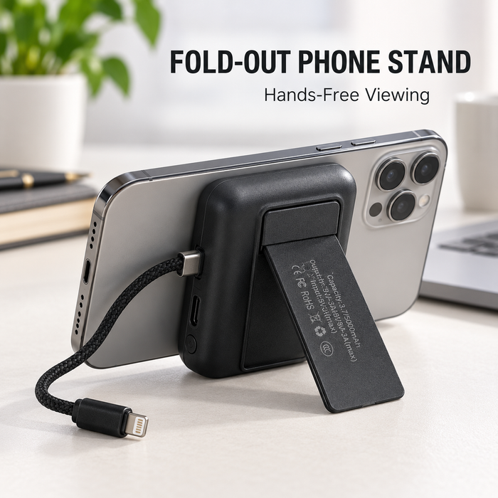 TAVICE 5000mAh Mini Power Bank with Built-in USB-C Connector & Lightning Cable, Portable Fast Charger with Fold-Out Phone Stand, USB-C Input and Cable Lanyard – Black