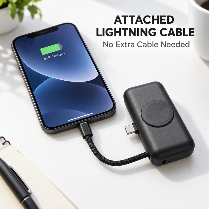 TAVICE 5000mAh Mini Power Bank with Built-in USB-C Connector & Lightning Cable, Portable Fast Charger with Fold-Out Phone Stand, USB-C Input and Cable Lanyard – Black