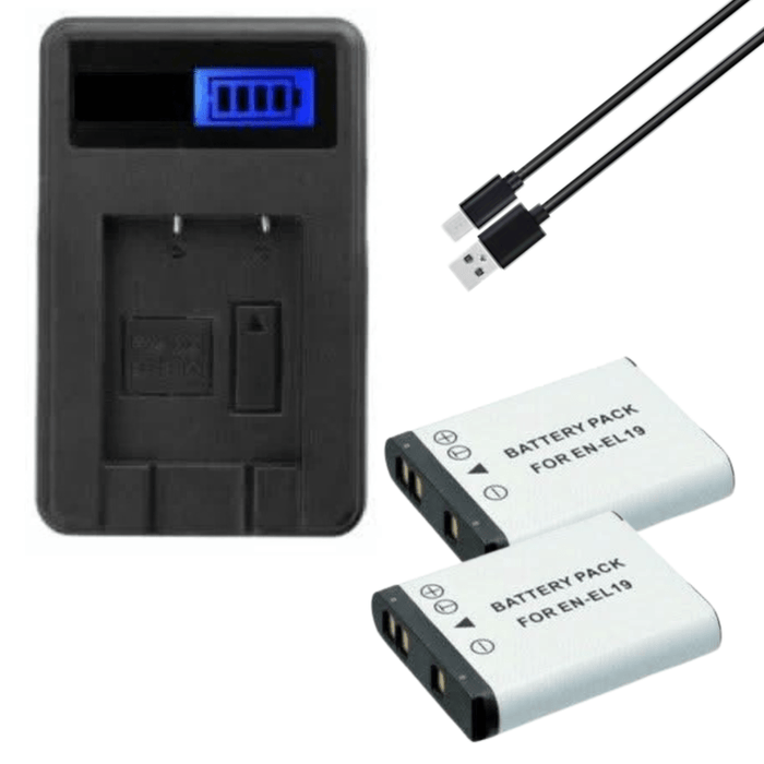 [Combo Pack] 2x EN - EL19 1200mAh Rechargeable Batteries with LCD USB Charger | Replacement for Nikon CoolPix S100, S3100, S3500, S2500 (2 Batteries + Charger) - Battery Mate