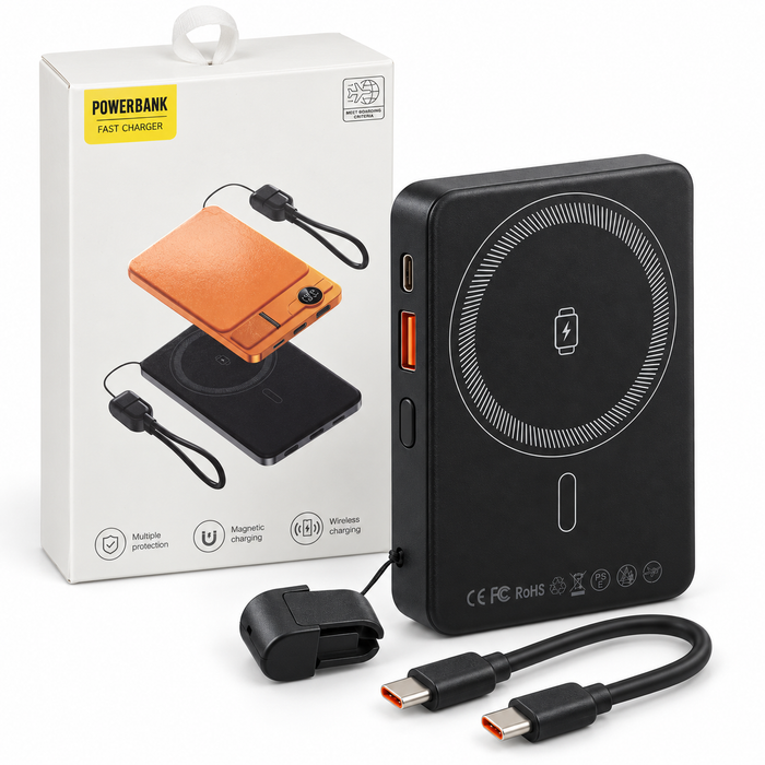 TAVICE 10000mAh magnetic wireless power bank with USB-A output, USB-C port, detachable USB-C cable, cable holder and fold-out phone stand