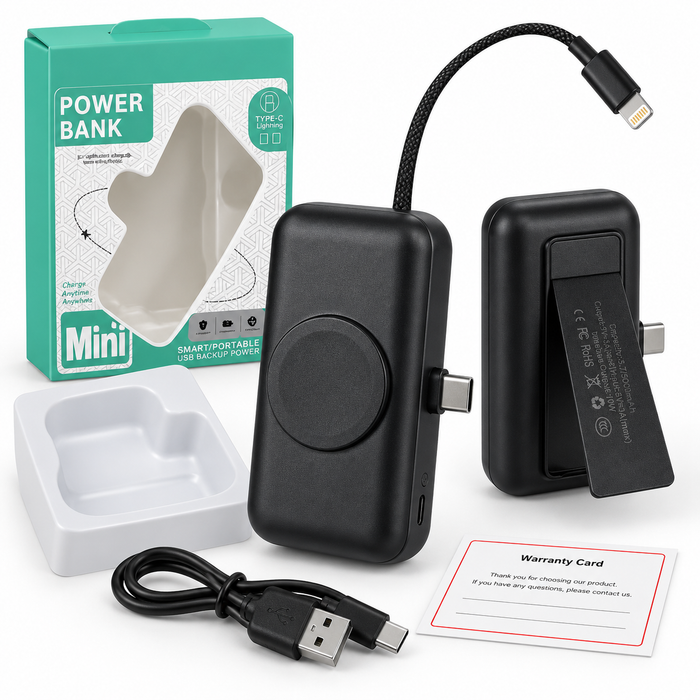 TAVICE 5000mAh Mini Power Bank with Built-in USB-C Connector & Lightning Cable, Portable Fast Charger with Fold-Out Phone Stand, USB-C Input and Cable Lanyard – Black