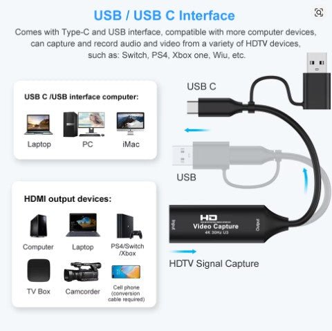 HDMI Video Capture Card USB 3.0 / 1080p HD Recorder For Video Live Streaming Game | USB - A & USB - C Pins - Battery Mate