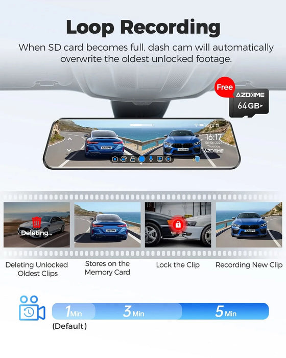 12" 4K + 1080P Rear View Mirror Dash Cam with WiFi 6, GPS & 64GB Card