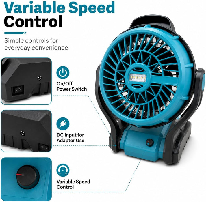 TAVICE 10 Inch Cordless Fan Compatible with Makita 18V LXT Batteries, Portable Jobsite Fan with LED Light, Adjustable Speed, Battery - Battery Mate