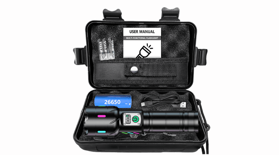 TAVICE 30W Super Bright LED Flashlight, Rechargeable, Waterproof Emergency Torch with 26650 Battery for Camping, Hiking, Car Repair - Battery Mate