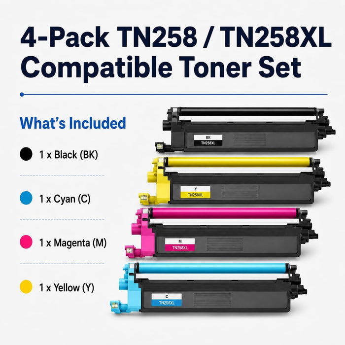 TAVICE TN258/TN258XL 4-Pack Toner Cartridge Compatible with Brother MFC-L8390CDW/L3760CDW - Battery Mate