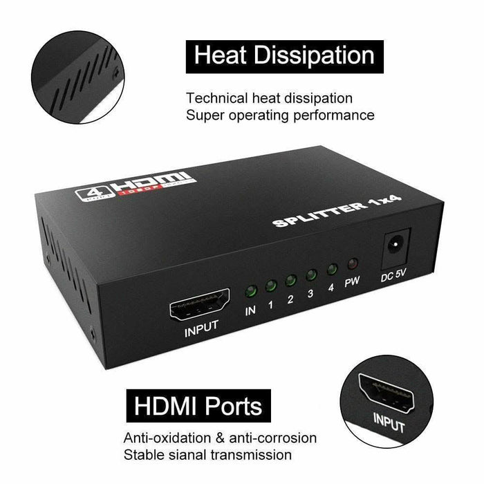 4 Port HDMI Splitter 4K 1x4 – Amplifier Hub For 3D HDTV 1080P, Universal Compatibility With AC Adapter