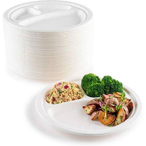 10 Pack | 3 Compartment Compostable 10 inch Heavy-Duty Plate Eco-Friendly Disposable - Battery Mate