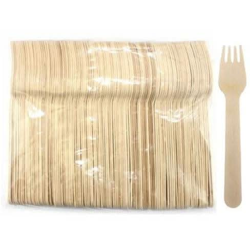 100 Pack | Eco Friendly Wooden Cutlery Fork Natural - Battery Mate