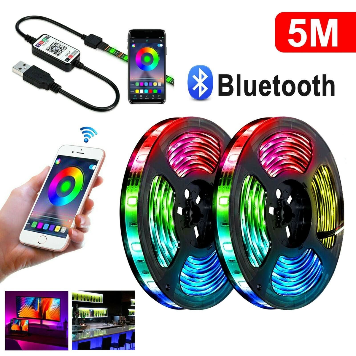 12V Bluetooth USB RGB LED Strip Lights IP65 Waterproof 5050 5M 300 LED ...