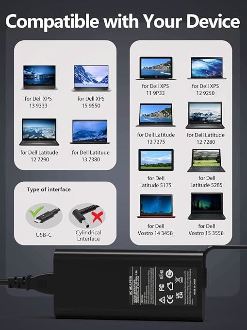 130W Slim USB C Type C Laptop Charger for Dell XPS 15 17 2in1 9575 9500 9700 Precision 5530 2in1 5550 5750 3560 Latitude 7410 7310 7210 9410 9510 5420 5520 5510 AC Power Adapter - Battery Mate