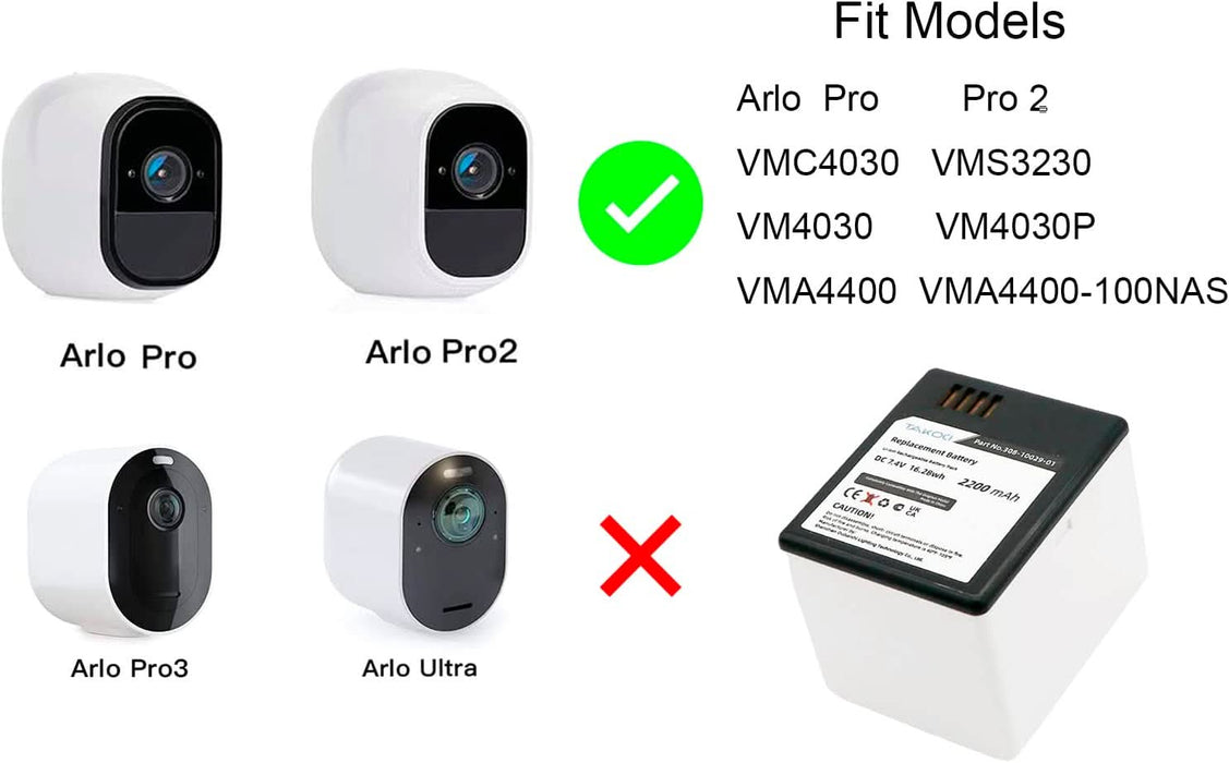2-Pack Arlo Pro 2 Battery Replacement Fit for Arlo Pro VM4030 VMC4030 VMA4400(-100NAS) 7.4V Li-ion 2200mAh - Battery Mate