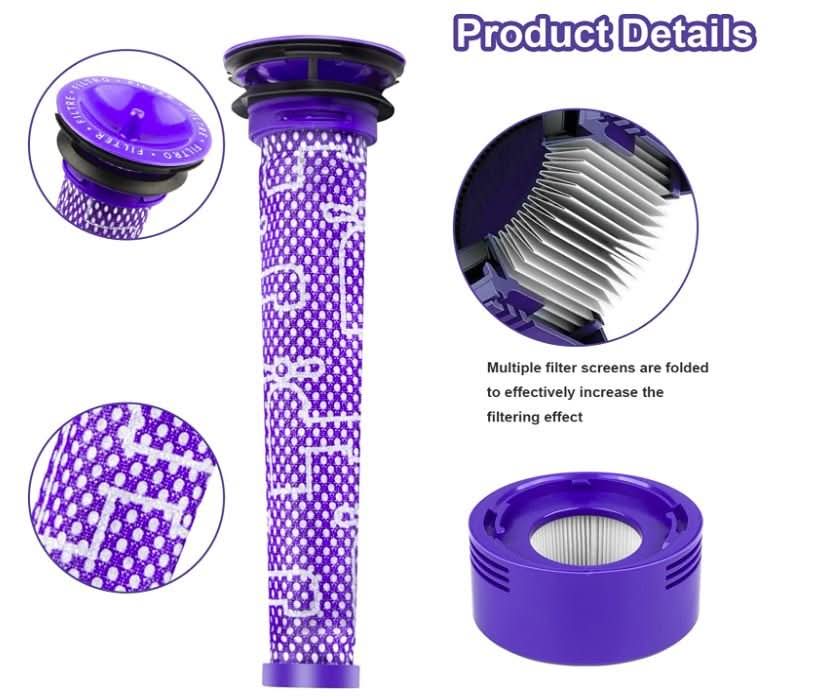 2 Pack Replacement Filter for Dyson V7 V8 Vacuum Parts,2pcs Pre-Filters and 2pcs HEPA Post-Filters Compatible with Dyson V7 V8 Animal and Absolute Vacuum Cleaner,Replaces Part # 965661-01 and 967478-01 (2 Set) - Battery Mate