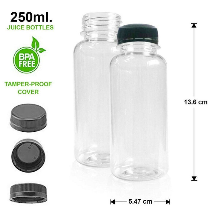 20 Pack | 250ml Clear Bottles Round PET With Black Lids Tamper Evident - Battery Mate