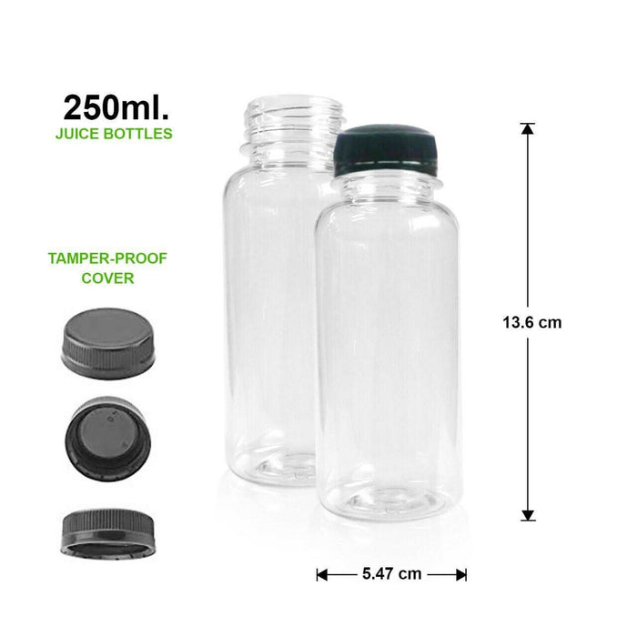 200 Pack | 250ml Clear Bottles Round PET With Black Lids Tamper Evident - Battery Mate