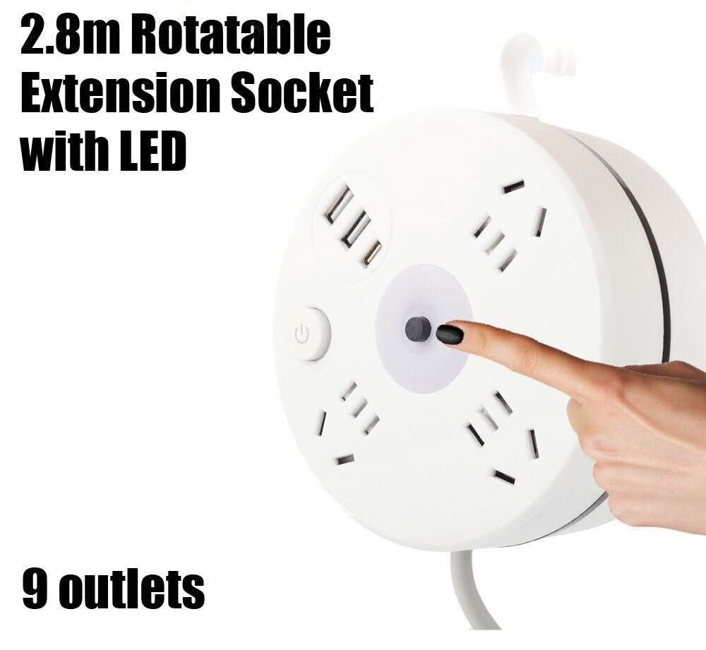 2.8m Rotatable Extension Cord Power Strip 9 Outlets AC and USB Chargin ...