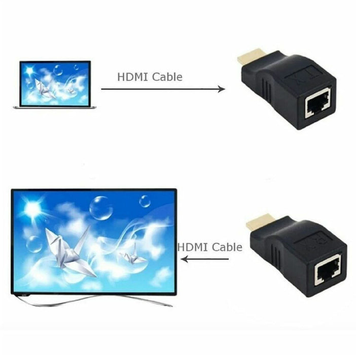 2pcs HDMI Extender to Dual RJ45 Over Cat 5e/6 Network Ethernet Adapter 1080P 30M - Battery Mate